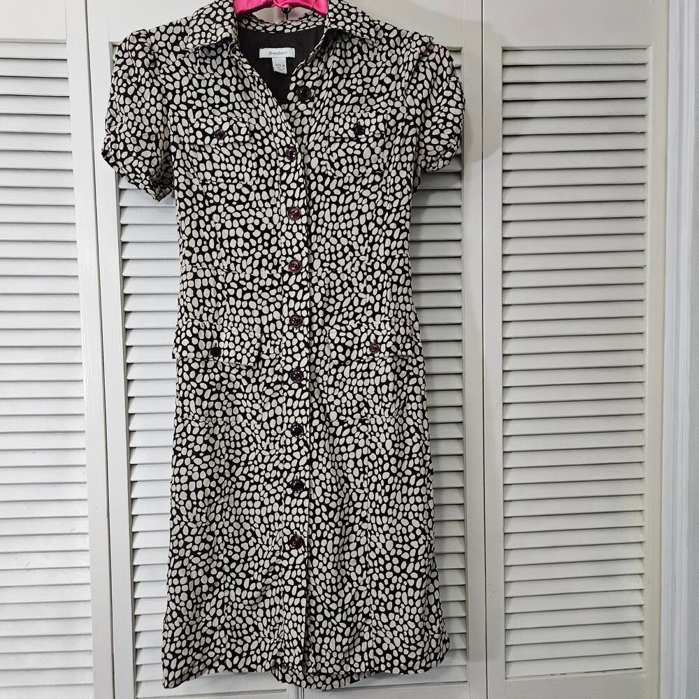 100% Silk Vintage Dressbarn Spotted Shirt Dress Sz 8 90s Y2K Safari Office Siren